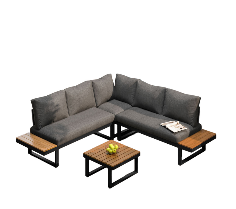 Salon De Jardin D'angle, Fonction Inclinable 5 Positions, Acier Galvanisé, Gris+noir+bois