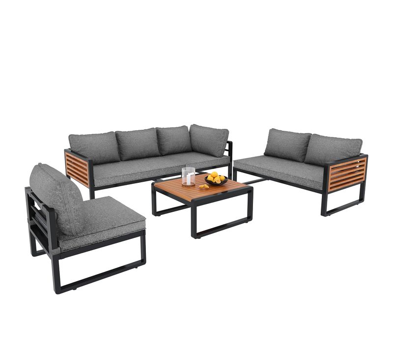 Salon De Jardin 6 Places, Modulable Avec Table Basse, Métal Galvanisé, Gris+noir+bois