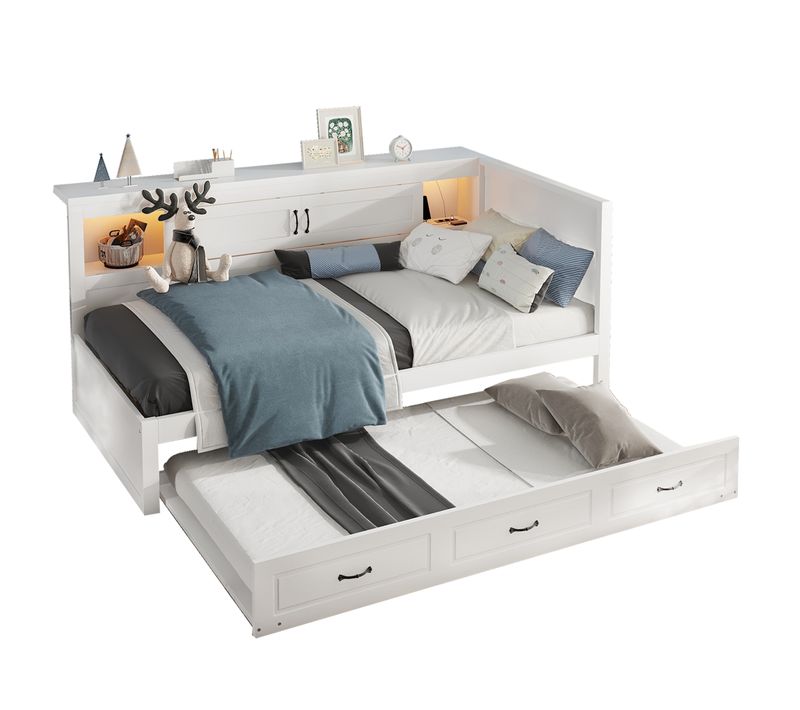 Lit Gigogne 90x200+90x190 Cm, LED Et Prise USB, Tiroir De Rangement, 2 Portes, Pb, Mdf, Blanc