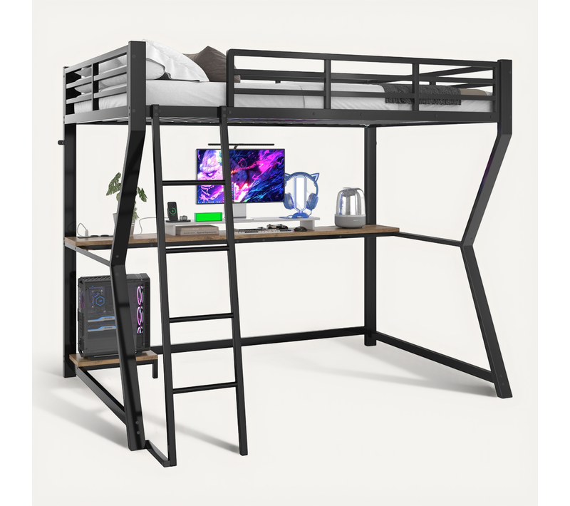 Lit Mezzanine 90x200 Cm, Éclairage LED, Bureau, Prise Et USB, Étagère, Métal Et Mdf, Couleur Noir