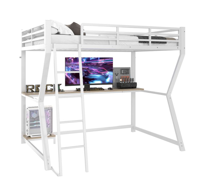 Lit Mezzanine Enfant 90x200 Cm Avec LED Et Bureau, Prise USB, Lit Simple, Métal Et Mdf, Blanc