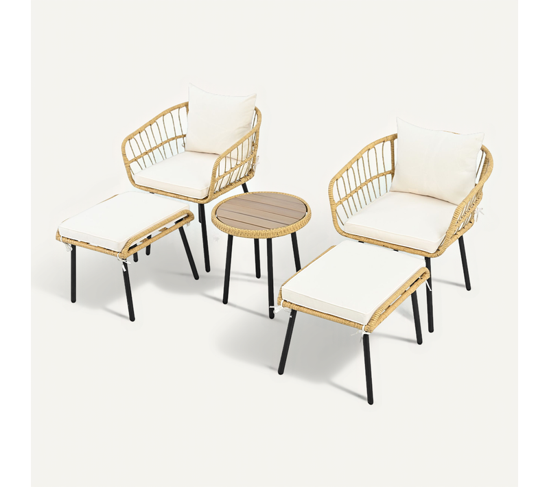 Salon De Jardin 5 Pièces, 1 Table, 2 Chaises Et 2 Poufs, Résine Tressée, Rotin, Blanc+noir+bois