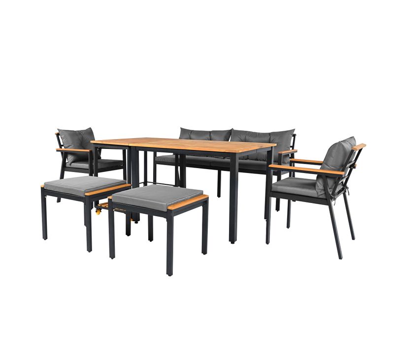 Salon De Jardin Repas, Canapé 2 Places, 2 Chaises, 2 Tabourets, Chariot, Bois, Métal, Noir+gris+bois