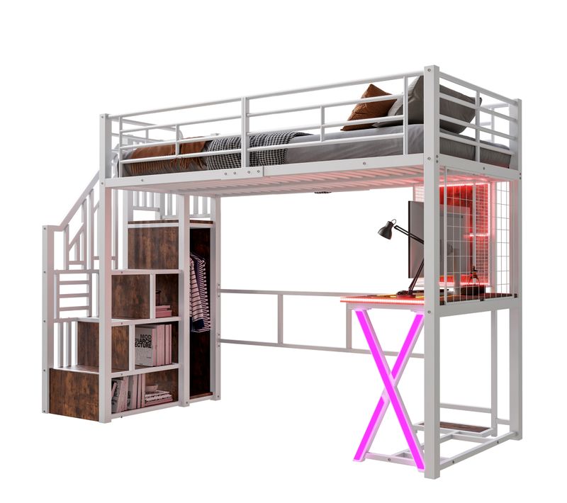 Lit Mezzanine Moderne 90x200 Cm Avec LED Et Bureau Intégré, Rangement, Métal Et Mdf, Blanc