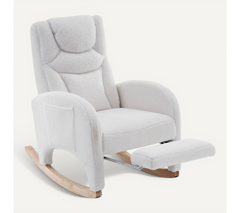 Fauteuil à Bascule 66x125,5x99 Cm, Repose-pieds Pliable, Dossier Ergonomique, Tissu Teddy, Blanc