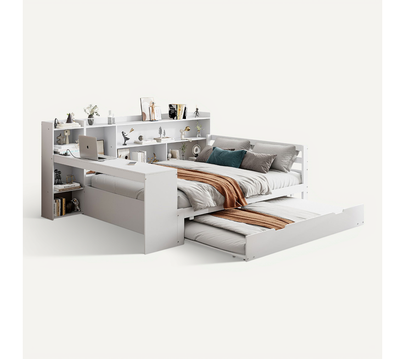 Canapé-lit 140x200 Cm, Lit Gigogne 90x190 Cm, Bureau, 6 Niches, Prise USB, Pin, Contreplaqué, Blanc