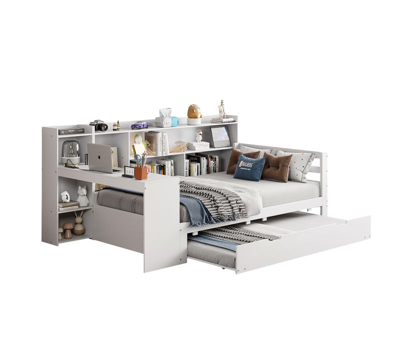 Canapé-lit 90x200 Cm, Lit Gigogne 90x190 Cm, Bureau, 6 Niches, Prise USB, Pin, Contreplaqué, Blanc