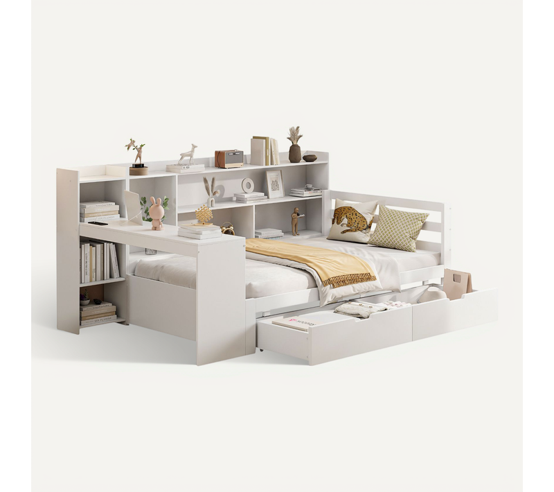 Canapé-lit 90x200 Cm, Bureau, 2 Tiroirs, 6 Niches Et Prise USB, Pin, Contreplaqué, Mdf,  Blanc