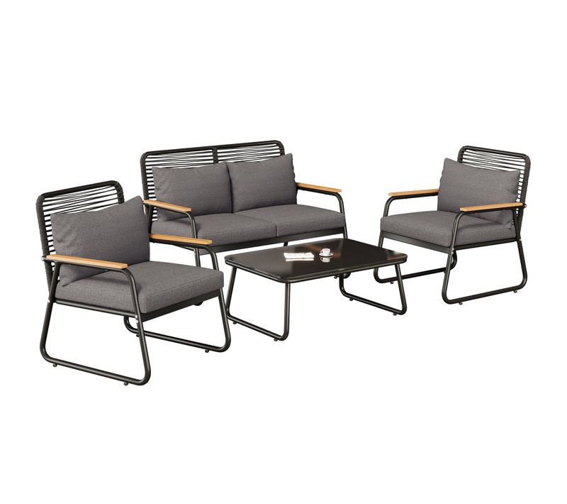 Ensemble De Salon De Jardin Pour 4 Personnes,  Pieds Réglables, Avec Coussins, Noir