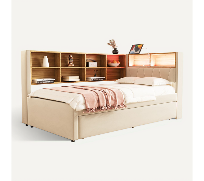 Canapé-lit Enfant 90x200 Cm, Lit Gigogne 90x190 Cm, LED Et Prises Intégrées, Flanelle, Beige