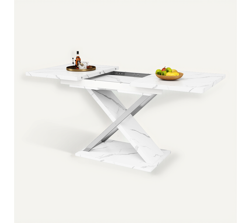 Table à Manger Extensible 118/157x75x76,4 Cm, Pieds Croisés, Plateau Motif De Marbre En Mdf, Blanc