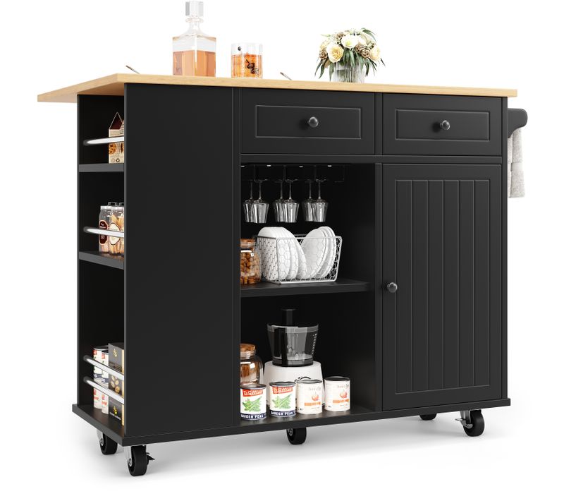 Îlot De Cuisine 120x42-76x91.5 Cm, Table Pliante, Support à Verres, Mdf Et Métal, Noir+bois