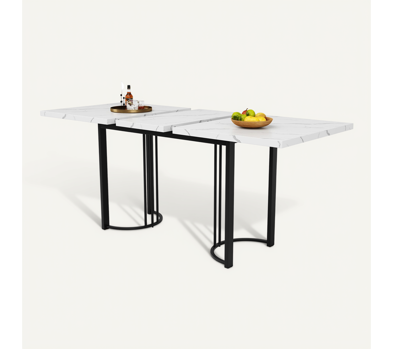 Table à Manger 140-179,5x80x75,5cm, Extensible Pour 6-8 Personne, Motif Marbre, Métal, Noir Et Blanc