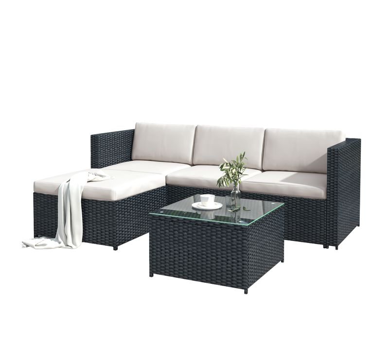 Salon De Jardin D’angle 196x136 Cm, Coussins Déhoussables, Rotin Pe Acier, Couleur Noire