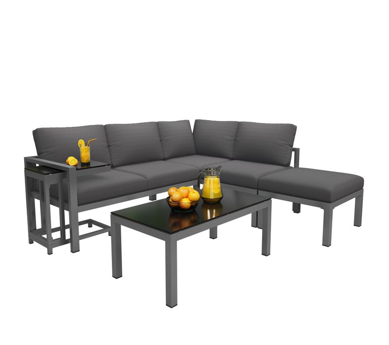 Salon De Jardin 5 Places, Set 5 Pièces Avec Table Et Tablette, Fer Et Verre, Couleur Gris