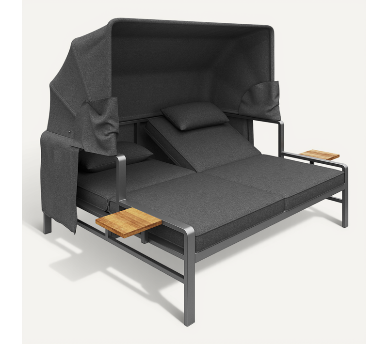 Salon De Jardin Modulable, 178x116x127cm, Dossier Réglable Avec Pare Soleil, Métal, Gris Foncé
