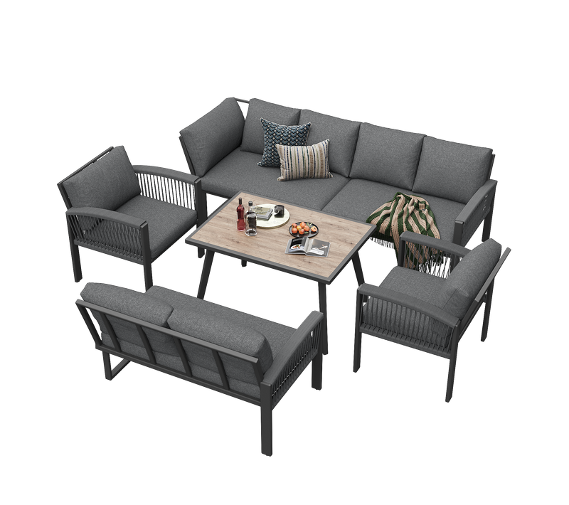 Salon De Jardin 8 Places, Table 100x60 Cm Effet Bois, Cadre Métal Galvanisé, Gris