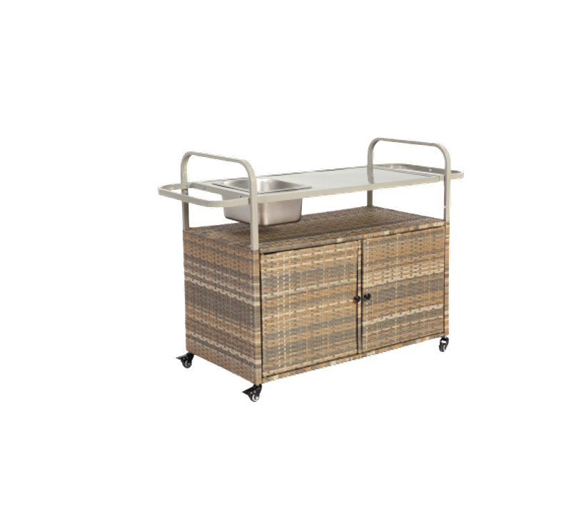 Desserte D’extérieur 131x50x91 Cm, Plateau Acier, Armoire Rotin, Roulettes Blocables, Beige