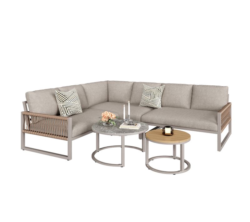 Ensemble De Salon De Jardin Pour 6-7 Personnes, Sofa D'angle, Structure En Acier, Beige