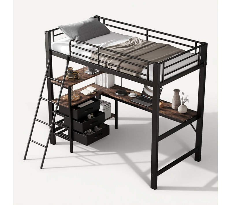 Lit Mezzanine 90x200 Cm, Lit Simple, Bureau 2 M Avec 3 Tiroirs, Métal Et Bois, Noir+brun