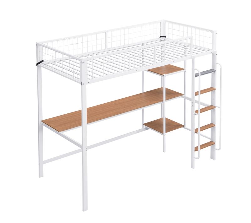 Lit Mezzanine 90x200 Cm, Lit Simple, Bureau Et Étagères, Métal Et Bois, Blanc Et Naturel