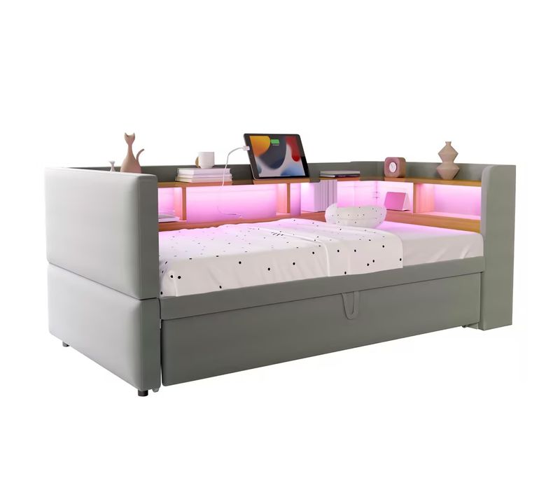 Canapé-lit Convertible, Lit Gigogne 90/180x190 Cm, LED, Prises USB,  4 Niches, Flanelle Gris Clair