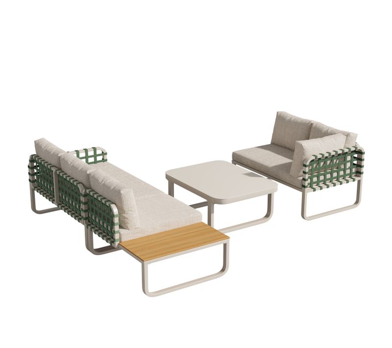Salon De Jardin 4 Pièces, Canapés 2 Places, Modulable Avec Table Verre Trempé, Fer, Crème+bois