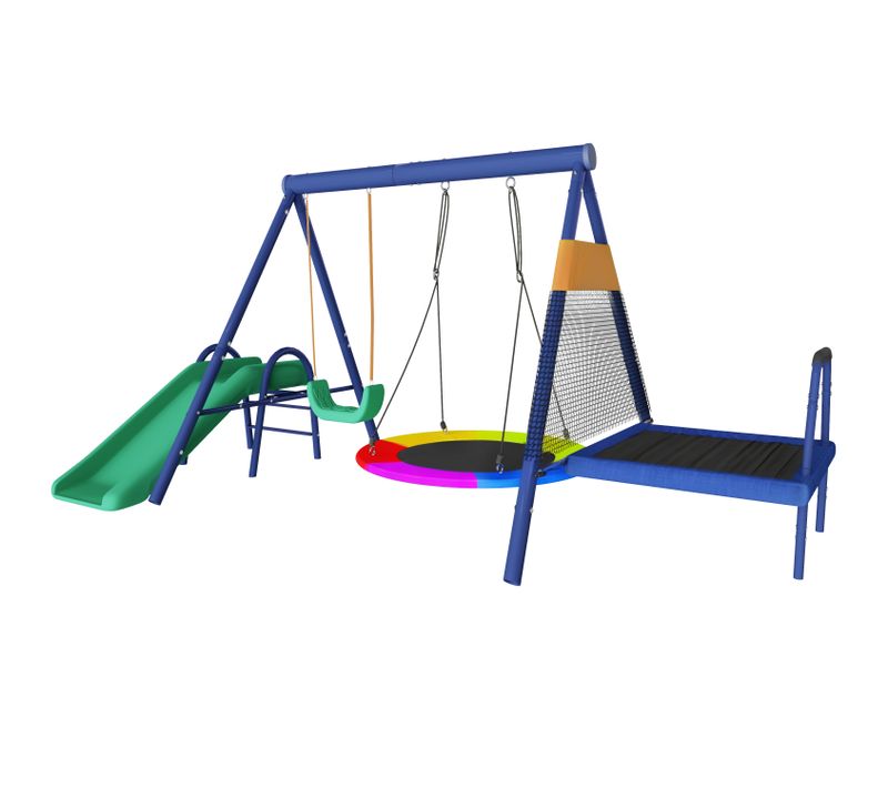 Aire De Jeux Extérieure, Grande Balançoire, Toboggan Trampoline, Acier, Plastique, Bleu Antique