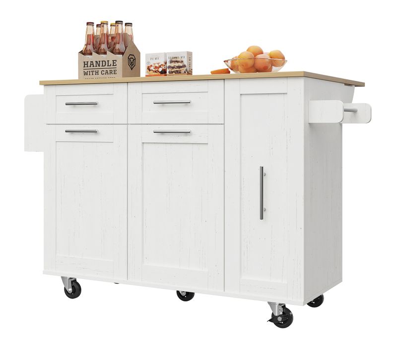 Îlot De Cuisine 134.5x46-74x90.5 Cm, Plan Rabattable, Rangements Extensibles, Mdf, Métal, Blanc+bois