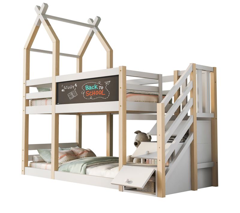 Lit Enfant 90×200 Cm, Escalier De Rangement, 3 Portes Abatttantes, Bois, Mdf, Blanc+bois Clair