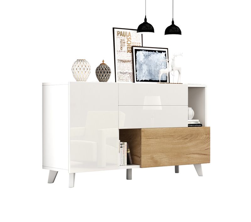 Buffet 130x40x70 Cm, Sans Poignée, 2 Tiroirs, 2 Portes, 2 Niches, Pb, Blanc+bois