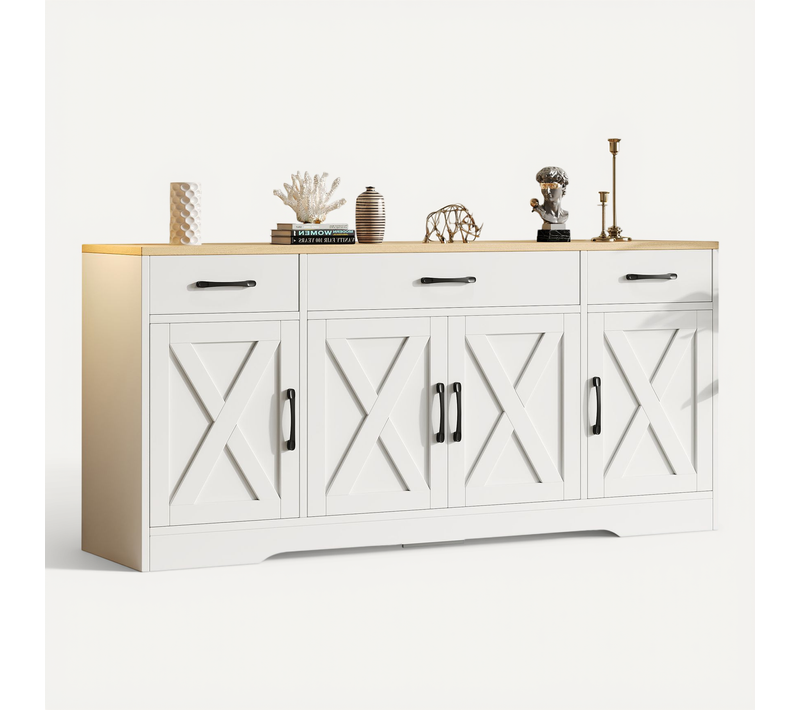Buffet 160x37x75 Cm, 3 Tiroirs 4 Portes Avec Cache Câbles Et Plateau Couleur Bois, Mdf, Blanc+bois