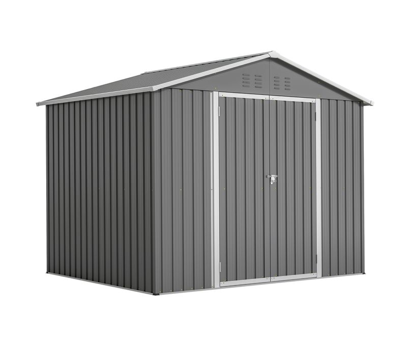 Abri De Jardin Métal 229.4x180x191 Cm, Porte Large 106.5 Cm, Acier Galvanisé, Gris