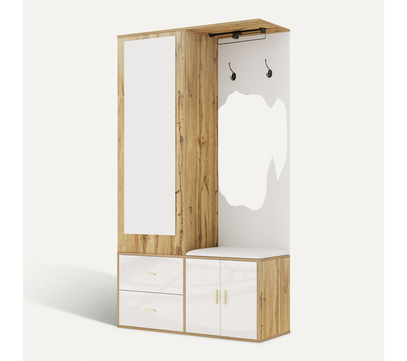 Meuble D'entrée 100x38x180 Cm, Miroir Et Banc Avec Rangement, Panneau De Particules, Blanc+bois