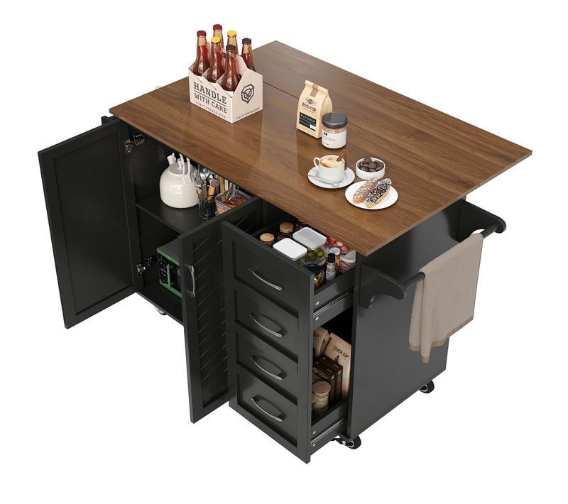 Îlot De Cuisine 128x46/71x93 Cm, Plateau Pliable, Étagère à Épices, Porte-serviettes, Mdf, Noir+brun