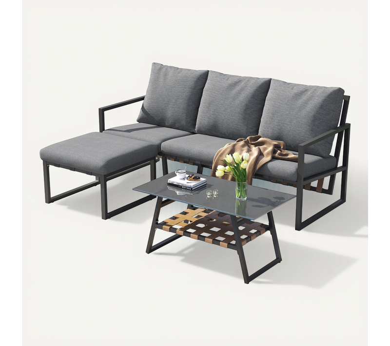 Salon De Jardin, Canapé Modulable Avec Pouf, Table Basse, Acier Galvanisé, Verre Trempé, Métal, Gris