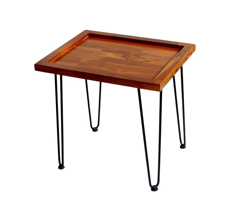 Bout De Canapé De Jardin 55.5x45x53 Cm, Plateau En Bois, Pieds En Fer Laqué, Couleur Bois+noir