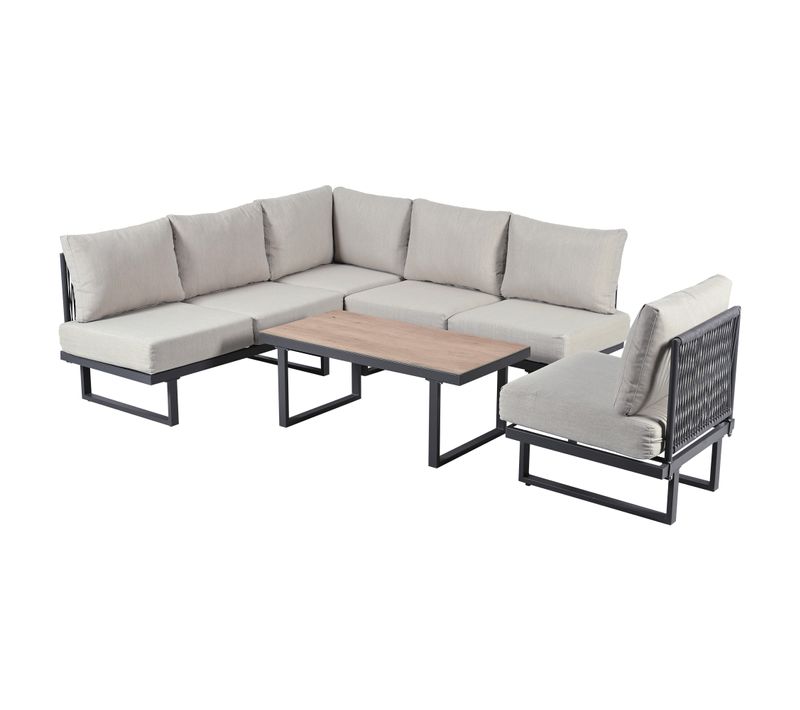 Salon De Jardin Modulable, Convertible En Bain De Soleil, Acier Galvanisé Polyester, Gris+bois