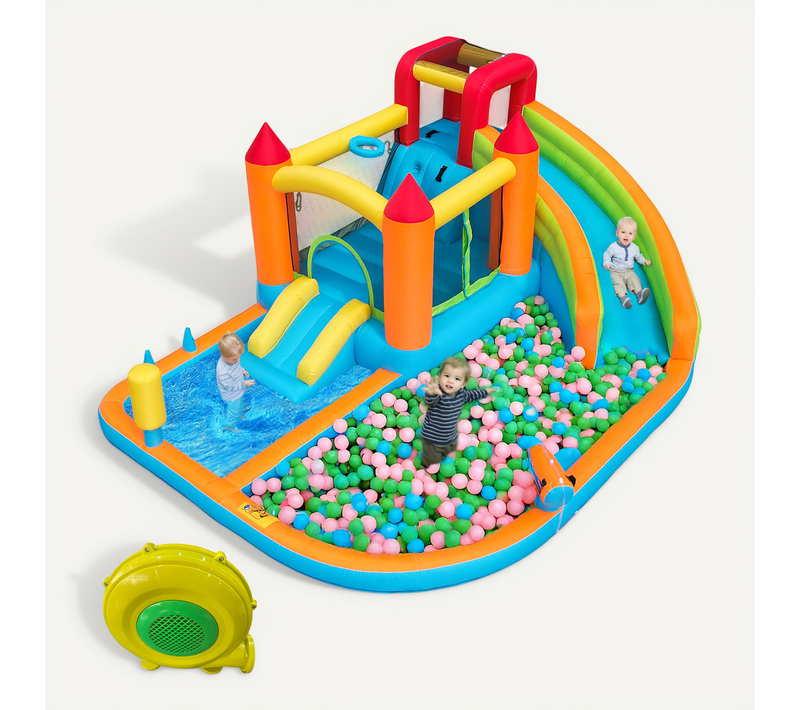 Château Gonflable Extérieur 460x343x190cm, Toboggan Eau Et Trampoline, Tissu Oxford, Multicolore