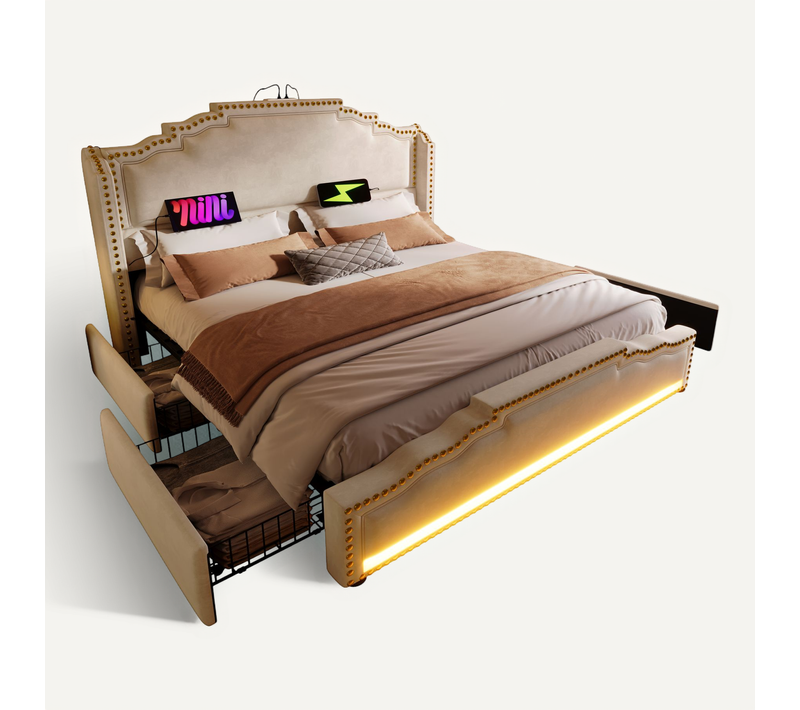 Lit Adulte 160x200 Cm, 4 Tiroirs Avec Éclairage LED Et Ports USB Type C, Velours, Beige