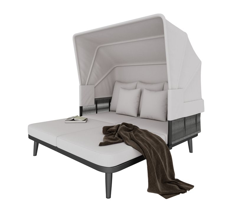 Banquette De Jardin 2 Places, Avec Store Réglable, Acier Galvanisé, Polyester, Couleur Gris