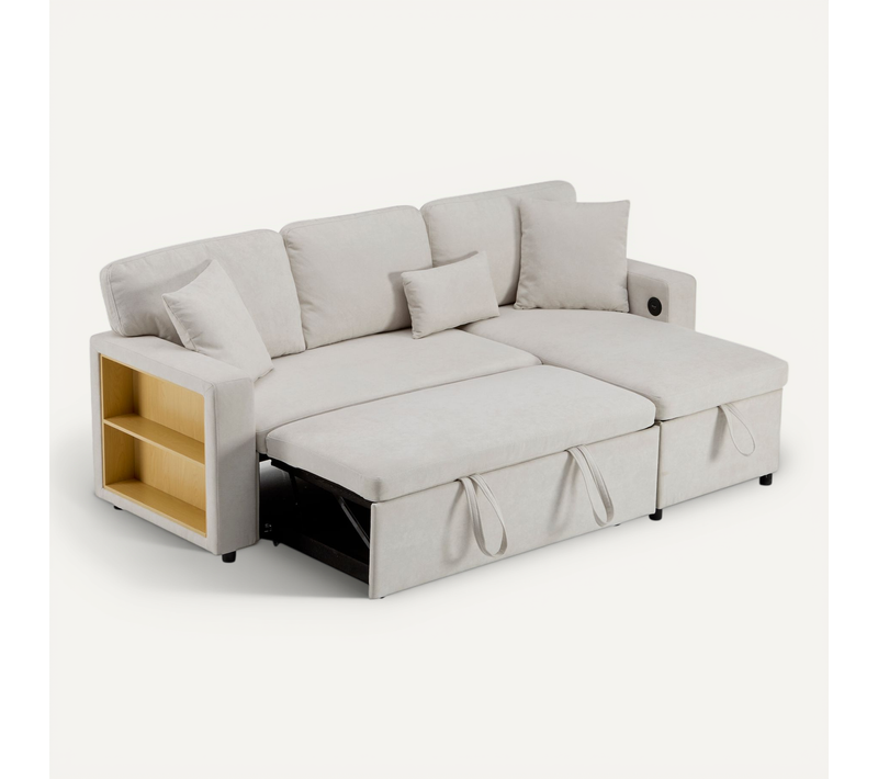 Canapé D'angle Convertible 214x131x87 Cm, Coffre Réversible, Rangement Et Port USB, Flanelle, Beige