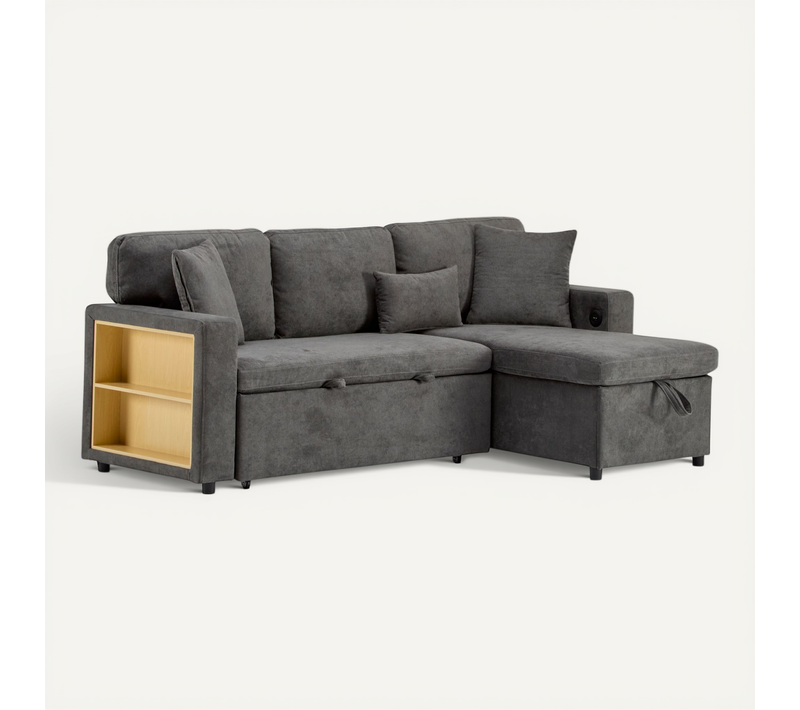 Canapé D'angle Convertible 3 Pl 214x131x87 Cm, Coffre, 2 Niches, Port USB, Tissu Oxford, Gris Foncé