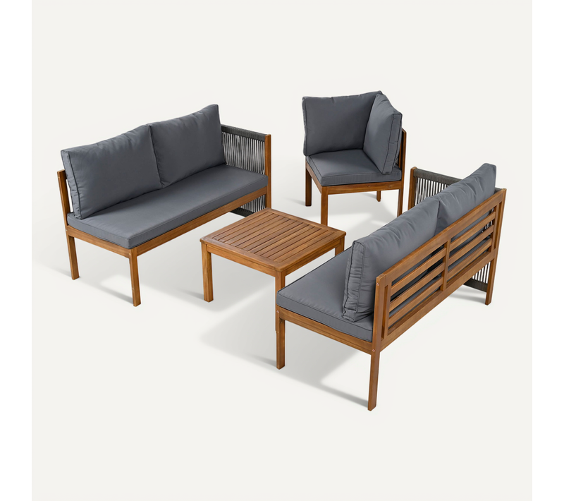 Salon De Jardin, Canapé D’angle Avec Table Basse, Bois, Corde Tressée, Polyester Gris