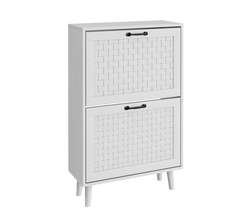 Meuble à Chaussures 60x24.1x94 Cm, 2 Portes à Bascule En Rotin Tissé Mains, Mdf, Pb, Blanc