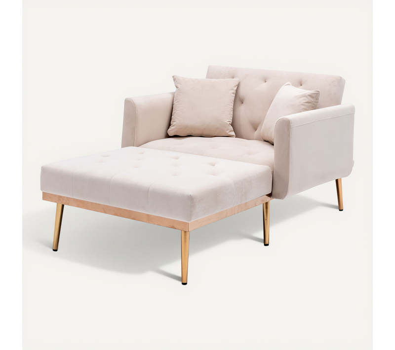 Fauteuil Convertible 165x90x77 Cm, Dossier 3 Positions, Velours, Couleur Beige, Avec Coussins