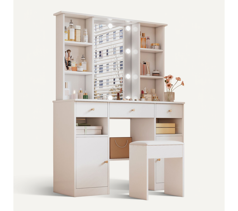 Coiffeuse 110x40x151 Cm, Miroir Avec LED Réglable, Grand Rangement, Panneaux De Particules, Blanc