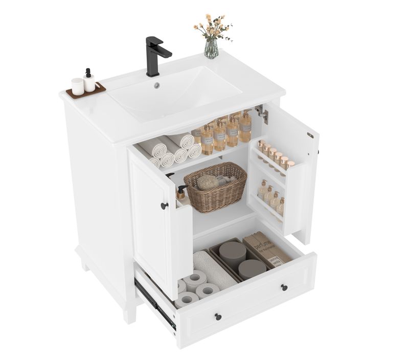 Meuble Vasque 76x46x87 Cm, 2 Portes + 1 Tiroir, Céramique, Mdf, Couleur Blanc