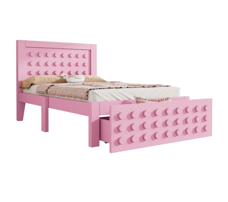 Lit Enfant 90x200 Cm, Tiroir Sur Roulettes Et Grand Espace Sous-lit, Design à Panneaux, Bois, Rose