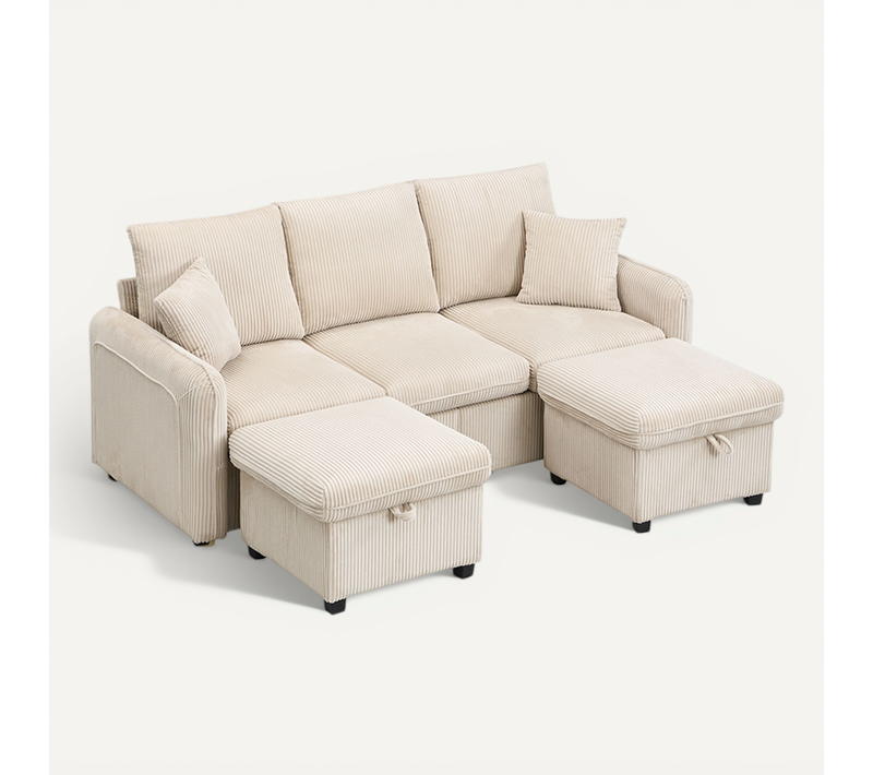 Canapé Angle Fixe 3 Places, Convertible En L, 2 Tiroirs, 2 Poufs Avec Coffre, Velours Côtelé Beige